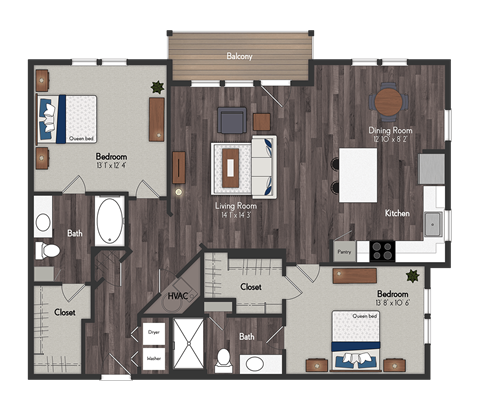 Floor plan for 2 beds, 2 baths, 1249 sqft